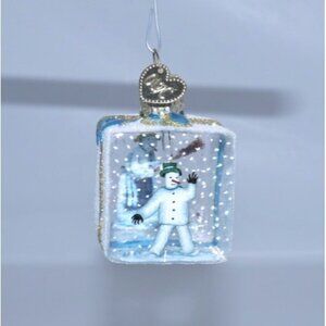 Vintage OWC handmade Glass Christmas ORNAMENT blue ice cube with snowman 1.5"